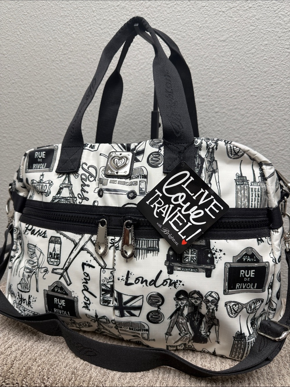 Brighton Black & White Jetsetter Travel Satchel with Paris & London Print